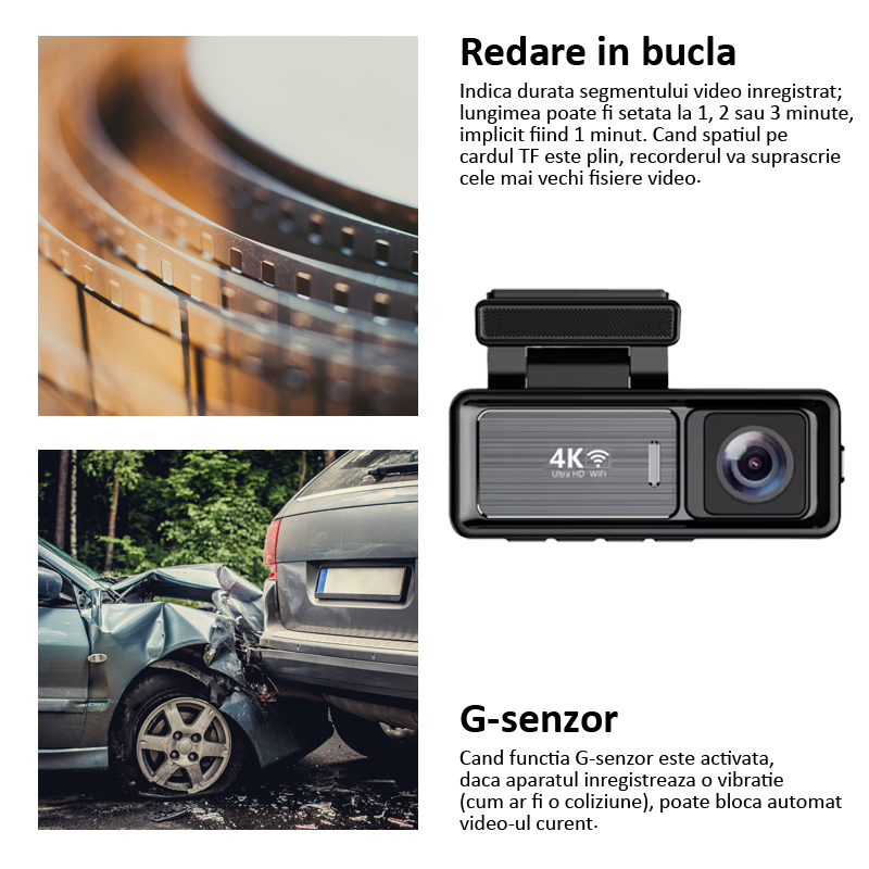 Camera auto duala 4K, model M6, redare in bucla si G-senzor