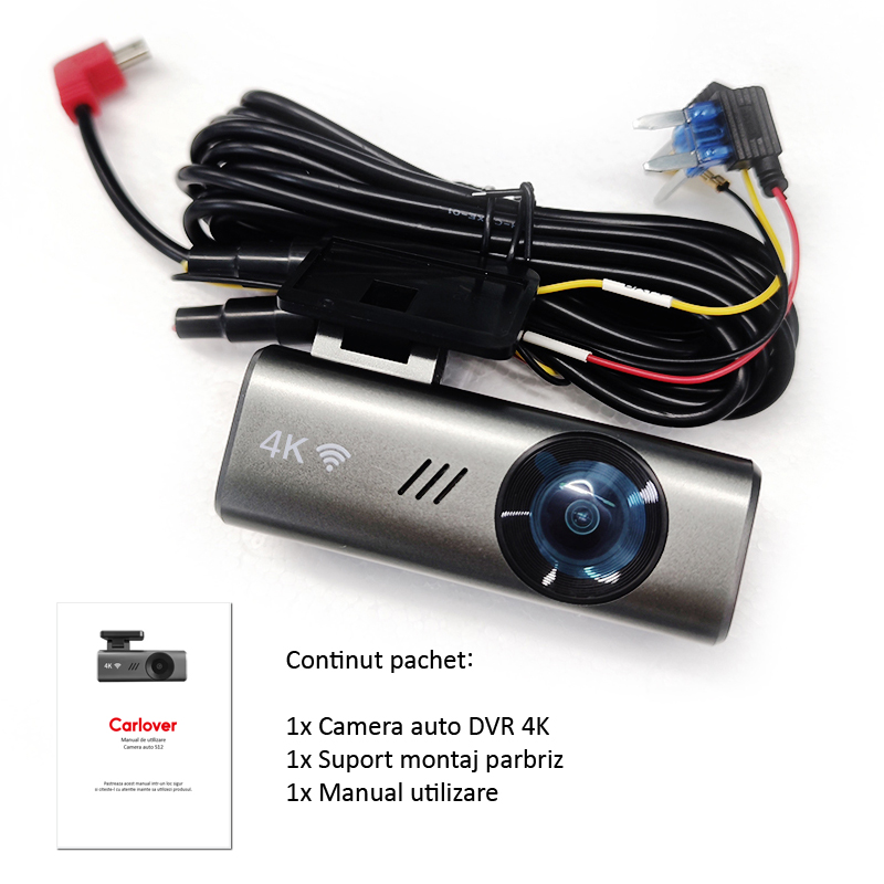 Camera Auto DVR 4K, model S12, continut pachet