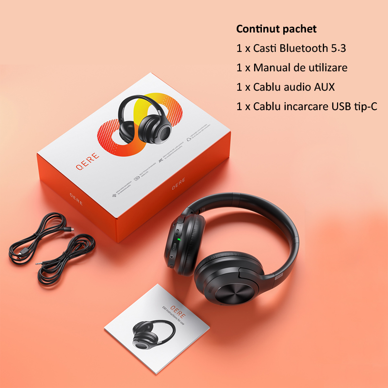 Casti audio gaming, Wireless, E80, negre, anulare activa a zgomotului