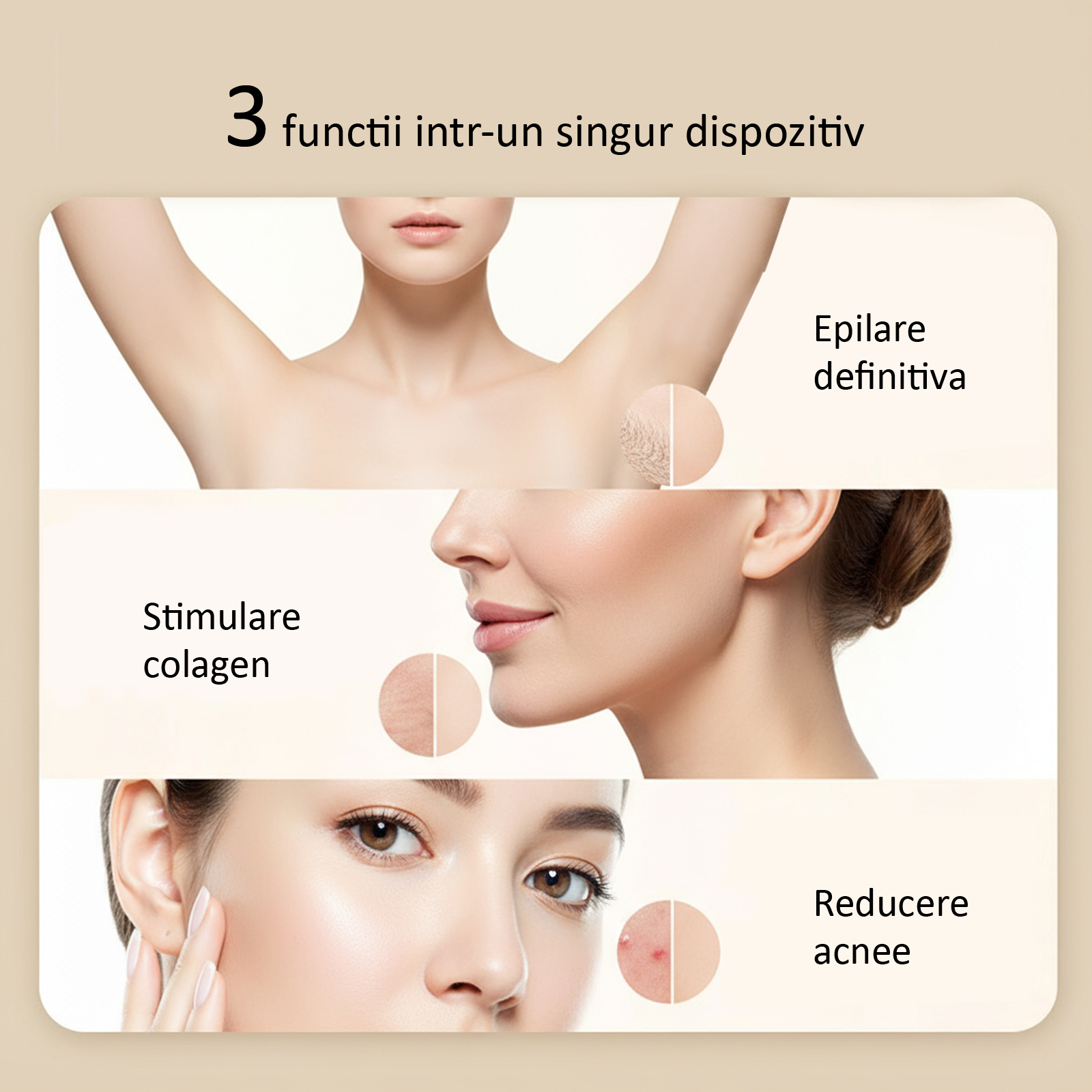 3 functii intr-un singur dispozitiv: epilare definitiva, stimulare colagen, reducere acnee.