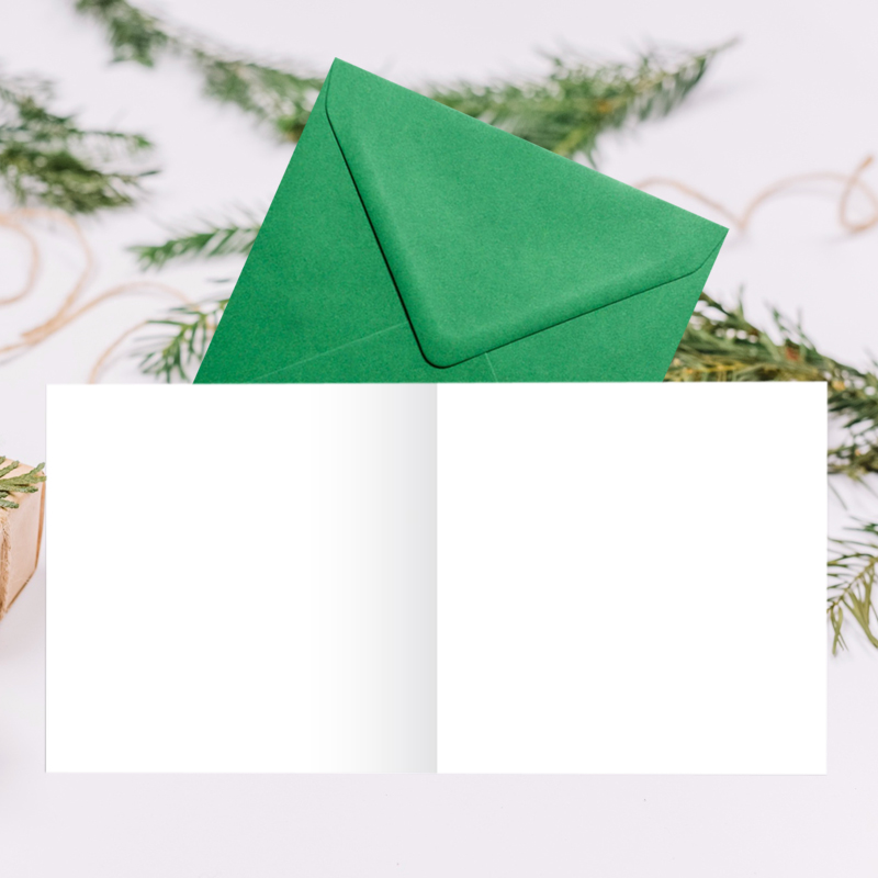 Felicitare Craciun decor rustic cutie cadou, cu plic verde, 130x130 mm