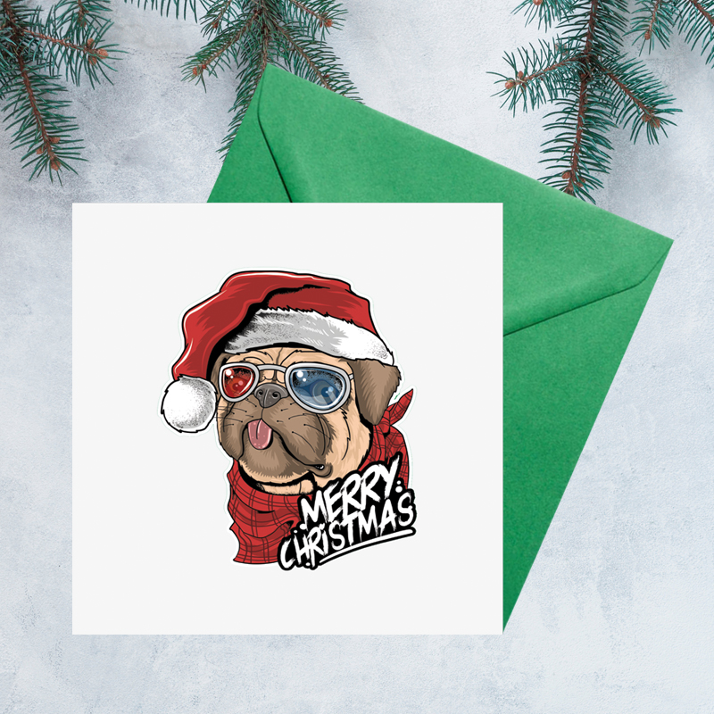 Felicitare de Craciun Pug, cu plic verde, 130x130 mm