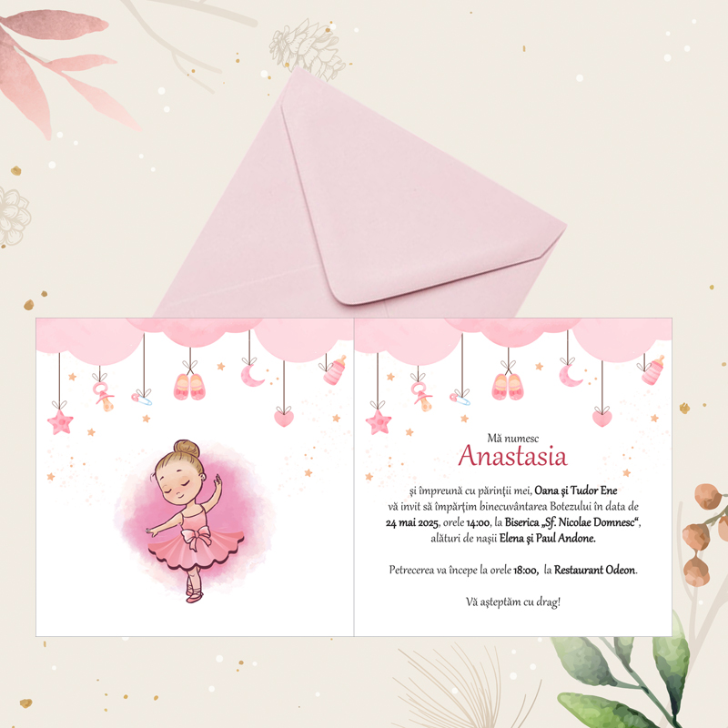Invitatie botez balerina roz, cu plic roz pastel 130x130 mm