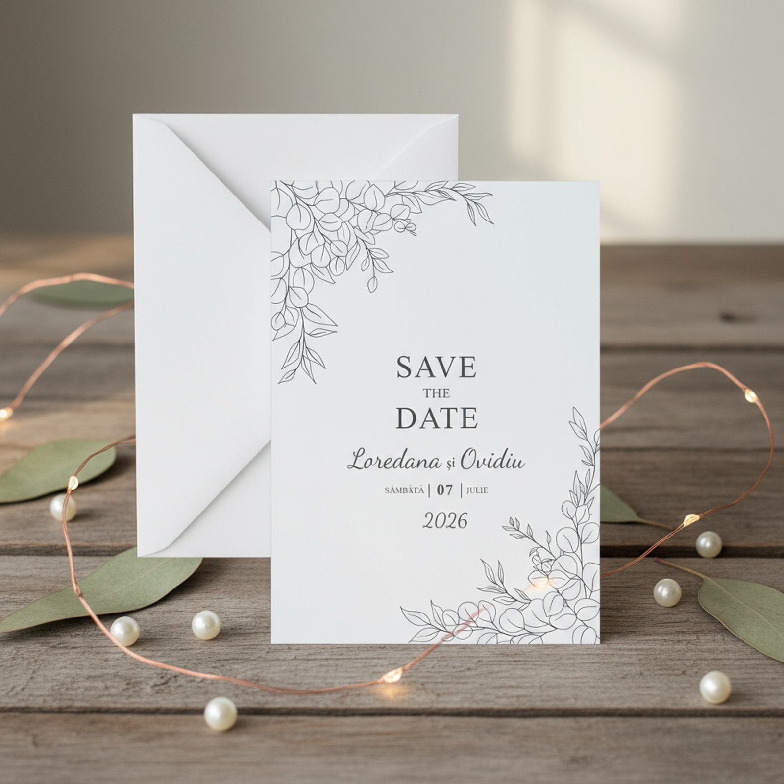 Invitatie nunta minimalista cu frunzulite monocrome si plic alb