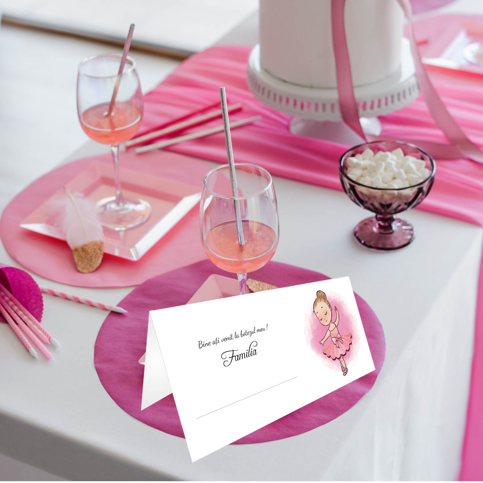 Place card si plic de bani botez balerina roz