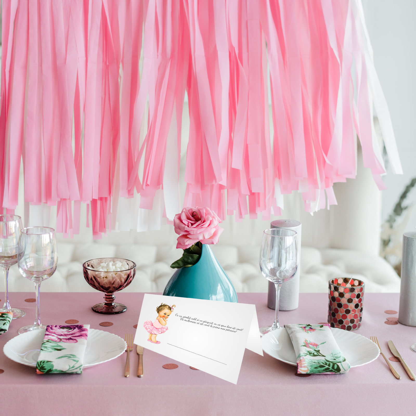 Place card si plic de bani botez tematica balerina tutu roz