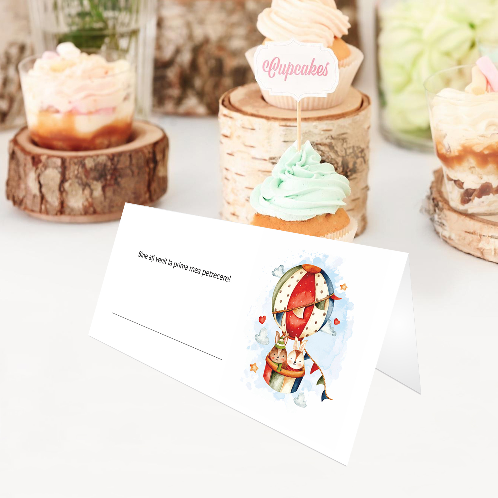 Place card si plic de bani botez balon aer cald multicolor
