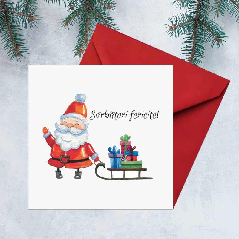 Felicitare Craciun Santa, cu plic rosu, 130x130 mm