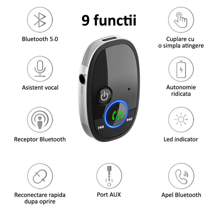 Adaptor Bluetooth 5.0, receiver audio cu functie de transmitator auto [7]
