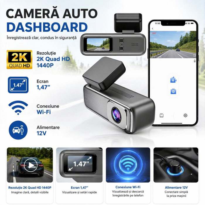 Camera auto DVR Model Q6 2K Quad HD cu WiFi, aplicatie mobila, unghi larg, alimentare 12V [3]