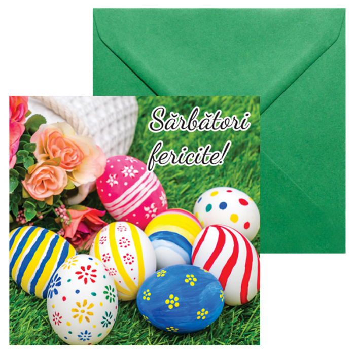 Set 10 felicitari Paste oua multicolore focus, cu plicuri verzi, 130x130 mm [2]