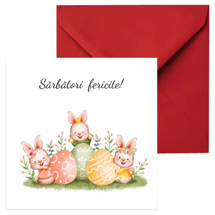 Felicitare Paste trei iepurasi, cu plic rosu, 130x130 mm [1]