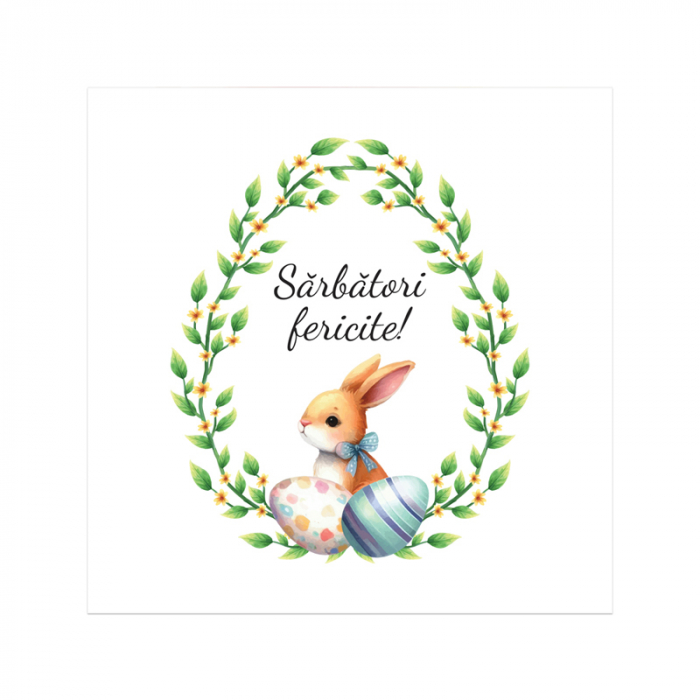 Set 10 felicitari Paste iepuras si coronita verde, cu plicuri rosii, 130x130 mm [3]