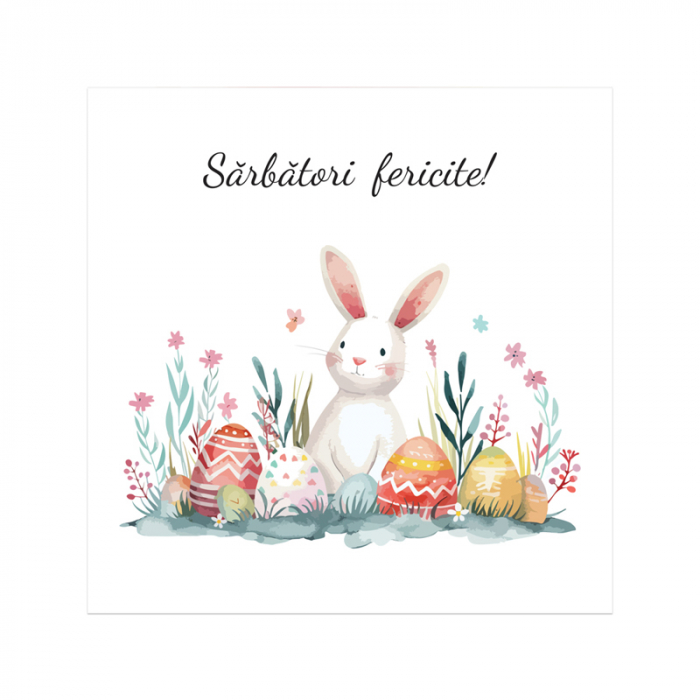 Felicitare Paste iepuras alb si oua multicolore, cu plic rosu, 130x130 mm [2]