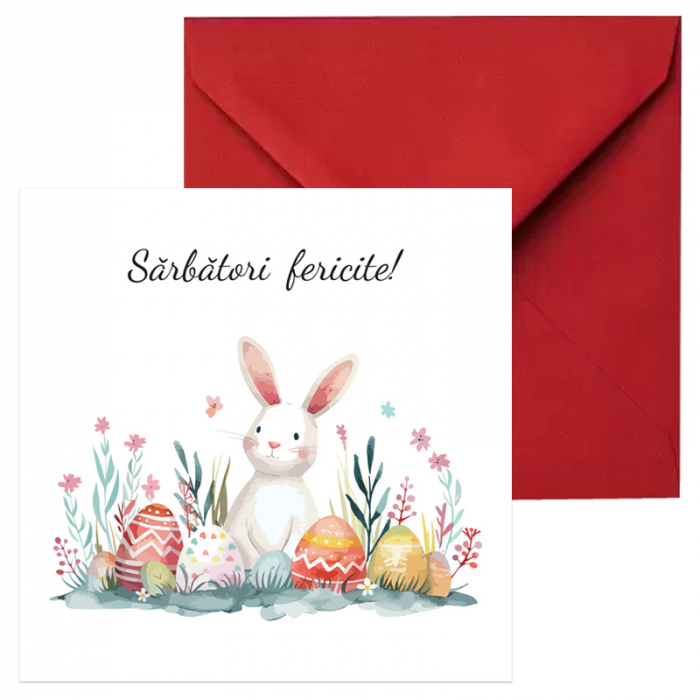 Set 10 felicitari Paste iepuras alb si oua multicolore, cu plicuri rosii, 130x130 mm [2]