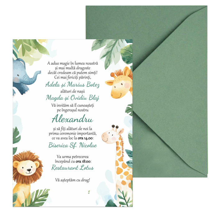 Invitatie botez safari jungle, cu plic i8 verde matcha [4]
