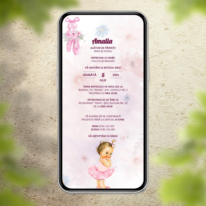 Invitatie botez digitala balerina tutu roz [3]