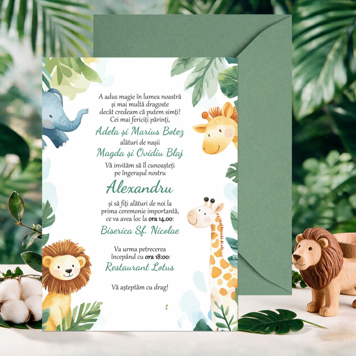 Invitatie botez safari jungle, cu plic i8 verde matcha [2]
