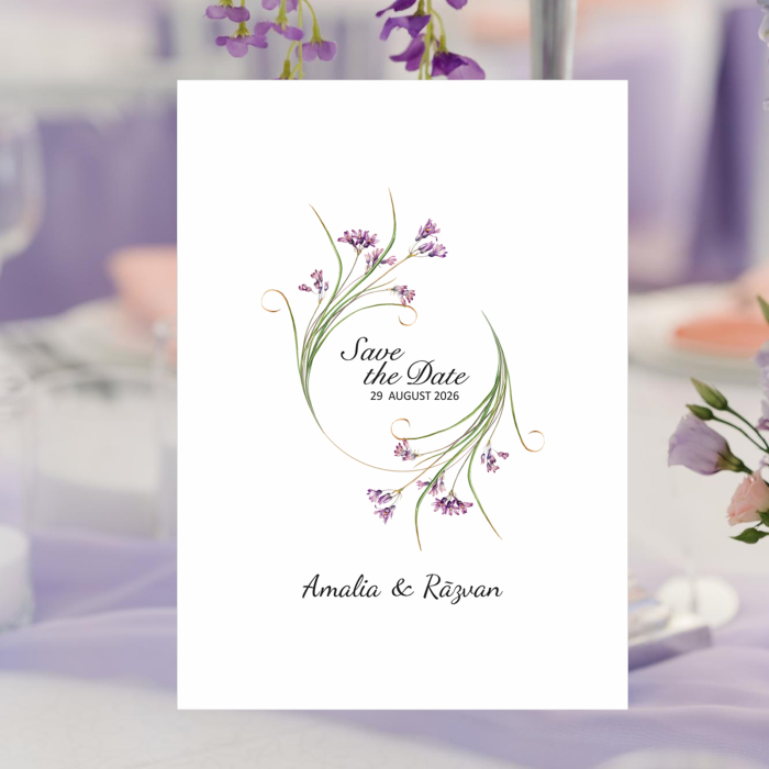 Invitatie nunta floricele mov, plic alb prafuit inclus [2]