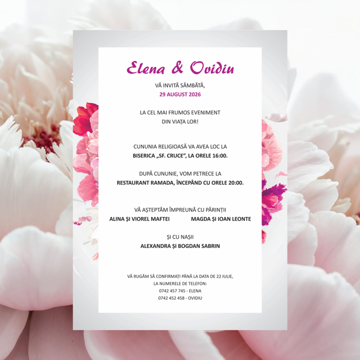 Invitatie nunta model floral bujori, cu plic i8 roz prafuit [4]