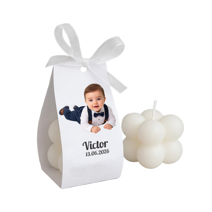 Marturie botez lumanare bubble, personalizata cu poza bebe baiel sau fetita [5]