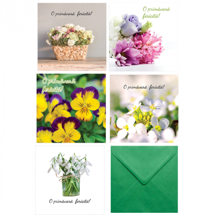 Set 10 felicitari martie mix flori primavara, cu plicuri verzi, 130x130 mm [3]