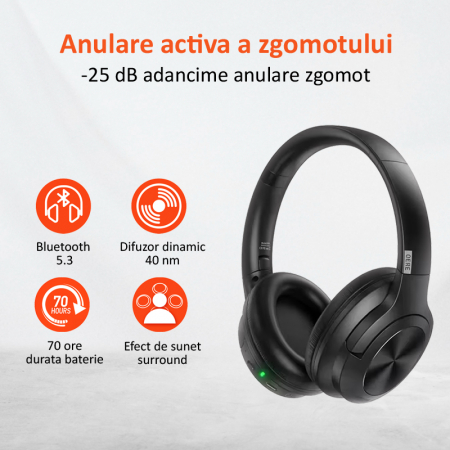 Casti audio gaming, Wireless, E80, negre, anulare activa a zgomotului [2]