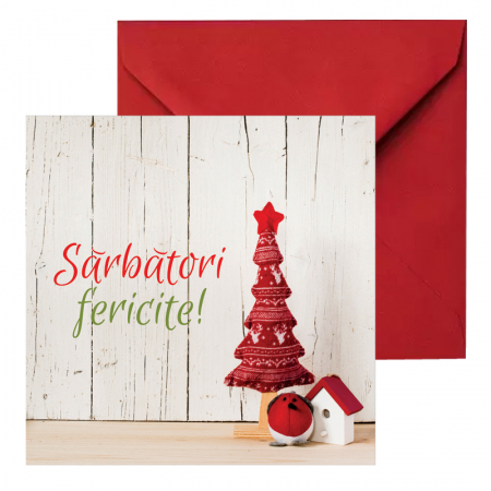 Felicitari Craciun mix alb-rosu - Felicitare Craciun bradut rosu, cu plic rosu, 130x130 mm