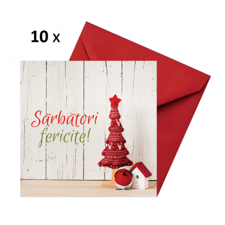 Felicitari Craciun mix alb-rosu - Set 10 felicitari Craciun bradut rosu, cu plicuri rosii, 130x130 mm