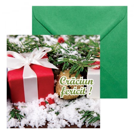Felicitari Craciun mix poze - Felicitare Craciun cutie cadou, cu plic verde 130x130 mm