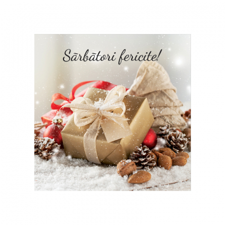 Felicitare Craciun cutie cadou crem, cu plic rosu, 130x130 mm [1]