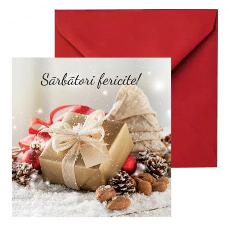 Felicitari Craciun mix poze - Felicitare Craciun cutie cadou crem, cu plic rosu, 130x130 mm