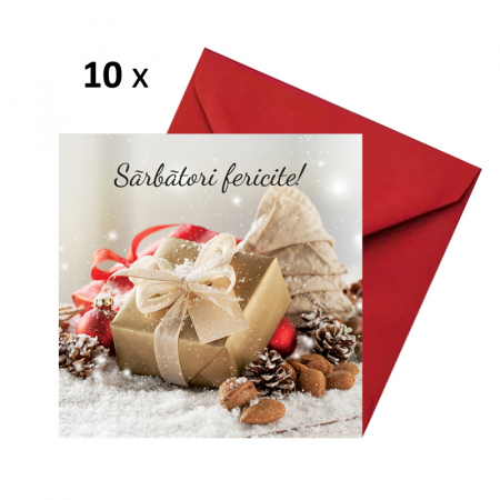 Felicitari Craciun mix poze - Set 10 felicitari Craciun cutie cadou crem, cu plicuri rosii 130x130 mm