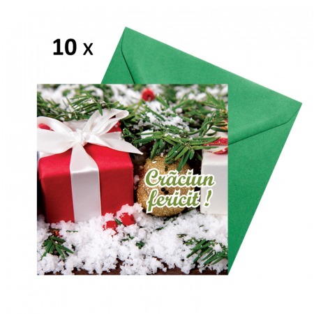Felicitari Craciun mix poze - Set 10 felicitari Craciun cutie cadou, cu plicuri verzi 130x130 mm
