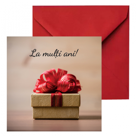 Felicitari Craciun mix poze - Felicitare Craciun cutie crem cu funda rosie, cu plic rosu, 130x130 mm