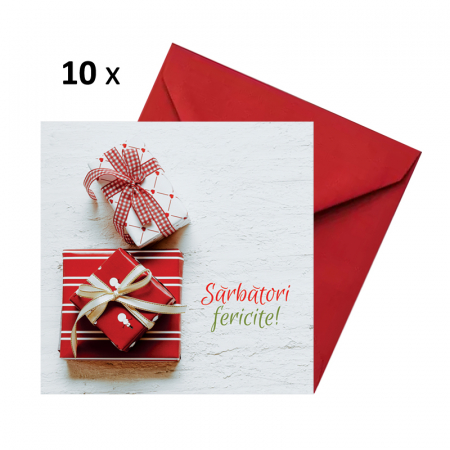 Felicitari Craciun mix alb-rosu - Set 10 felicitari Craciun cutii alb-rosii, cu plicuri rosii, 130x130 mm