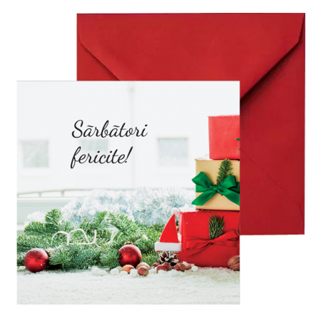 Felicitari Craciun mix poze - Felicitare Craciun cetina brad, cu plic rosu, 130x130 mm
