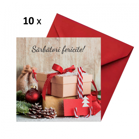 Felicitari Craciun mix poze - Set 10 felicitari Craciun cutii cadou si glob rosu, cu plicuri rosii, 130x130 mm