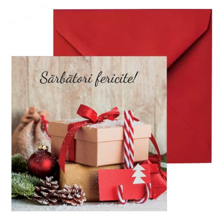 Felicitari Craciun mix poze - Felicitare Craciun cutii cadou si glob rosu, cu plic rosu, 130x130 mm