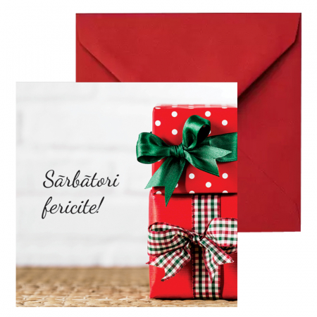 Felicitari Craciun mix poze - Felicitare Craciun cutii rosii, cu plic rosu, 130x130 mm