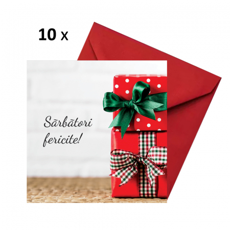 Felicitari Craciun mix poze - Set 10 felicitari Craciun cutii rosii, cu plicuri rosii, 130x130 mm