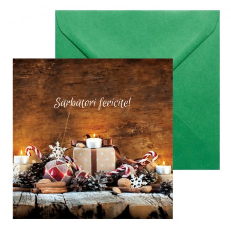Felicitari Craciun - Felicitare Craciun decor rustic, cu plic verde, 130x130 mm