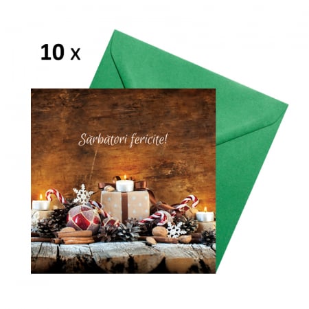 Seturi felicitari Craciun - Set 10 felicitari Craciun decor rustic, cu plicuri verzi, 130x130 mm