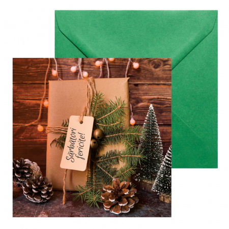 Felicitari Craciun - Felicitare Craciun decor rustic cutie cadou, cu plic verde, 130x130 mm