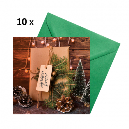 Seturi felicitari Craciun - Set 10 felicitari Craciun decor rustic cutie cadou, cu plicuri verzi, 130x130 mm