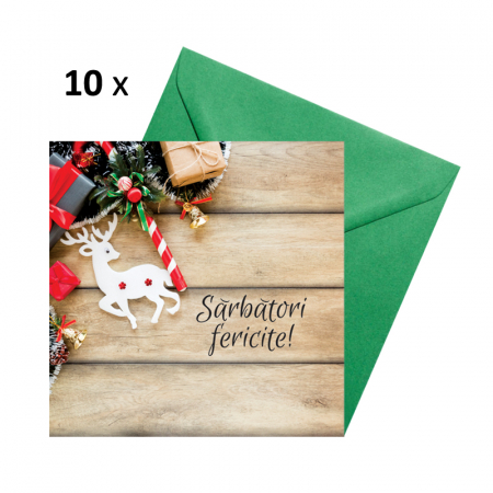 Seturi felicitari Craciun - Set 10 felicitari Craciun decor rustic ornamente, cu plicuri verzi, 130x130 mm