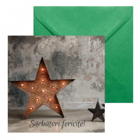 Felicitari Craciun - Felicitare Craciun decor rustic stelute, cu plic verde, 130x130 mm