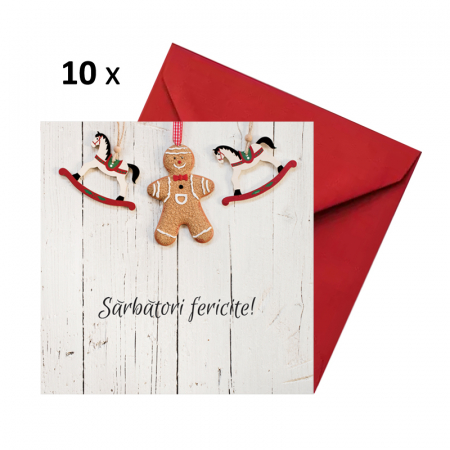 Felicitari Craciun mix alb-rosu - Set 10 felicitari Craciun fursec si caluti, cu plicuri rosii, 130x130 mm