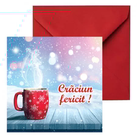 Felicitari Craciun mix poze - Felicitare Craciun hot drink, cu plic rosu, 130x130 mm