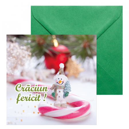 Felicitari Craciun mix poze - Felicitare Craciun om de zapada, cu plic verde, 130x130 mm